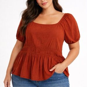 NWT Sonoma Square Neck Puff Sleeve Top 1X Burnt Orange Brown Chili